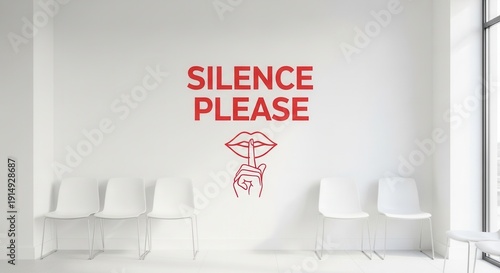 Minimalist Room With Silence Sign And White Chairs Creating Peaceful And Quiet Environment