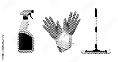 Monochrome cleaning supplies: spray bottle, protective gloves, and mop
