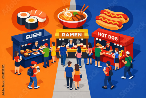 Isometric Street Food Market Illustration with Sushi, Ramen, and Hot Dog Stalls