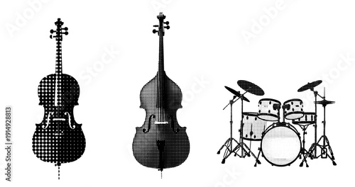 Halftone musical instruments: classical cello, double bass, and drum set in black and white