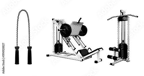 Gym equipment: jump rope, leg press machine, and lat pulldown machine