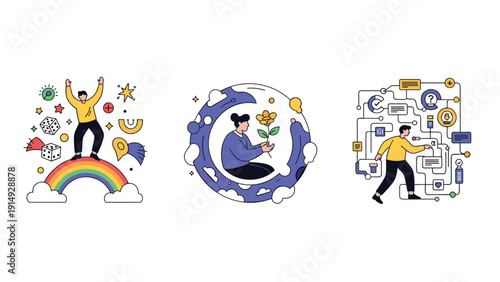 Diverse scenes of creative thinking and problem solving concepts with people interacting with abstract shapes and puzzles.