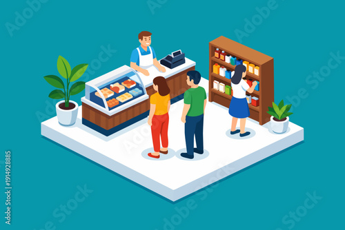 Isometric Small Business Deli Shop. Customers Buying Snacks at Checkout Counter with Cashier. Retail and Grocery Transaction Illustration.