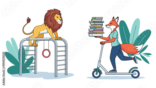 Creative illustration of lion playing on gym equipment and fox riding scooter with stack of books for education.