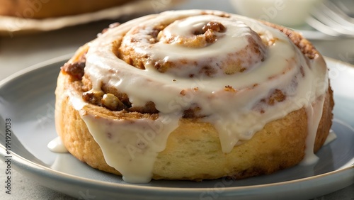 Wallpaper Mural Fresh Cinnamon Roll Covered In Gooey Icing And Topped With Walnut Bits, Captured In Warm Close‑Up Highlighting Glossy Swirl, Soft Texture, And Sweet Aromatic Baked Perfection Torontodigital.ca