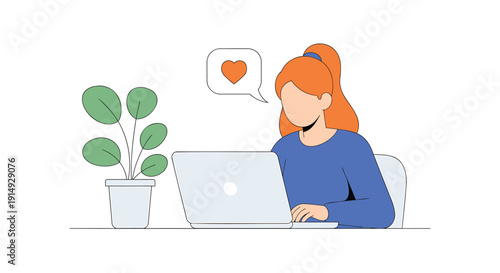 Woman with red hair sitting at desk working on laptop with potted plant isolated on transparent background