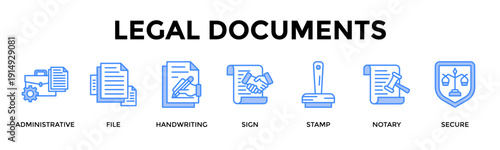 Legal Documents Banner Web Icon Set Collection Pack Vector Illustration Concept For Administrative, File, Handwriting, Sign, Stamp, Notary, Secure