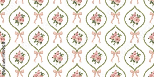Φωτογραφία Elegant seamless pattern with pink rose bouquets in vintage frames and silk bows