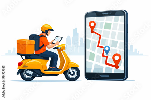 Delivery Man Riding Scooter Tracking Route on Smartphone Map. Fast Food Delivery and Logistics App Concept Vector Illustration.