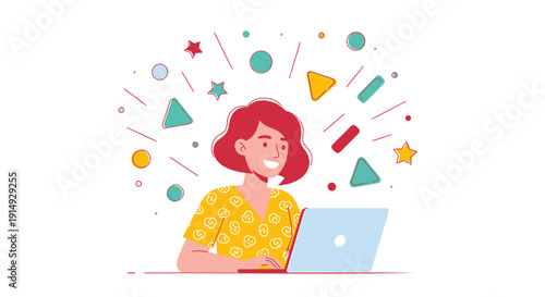 Woman with red hair sitting at laptop surrounded by colorful geometric shapes and symbols vector illustration