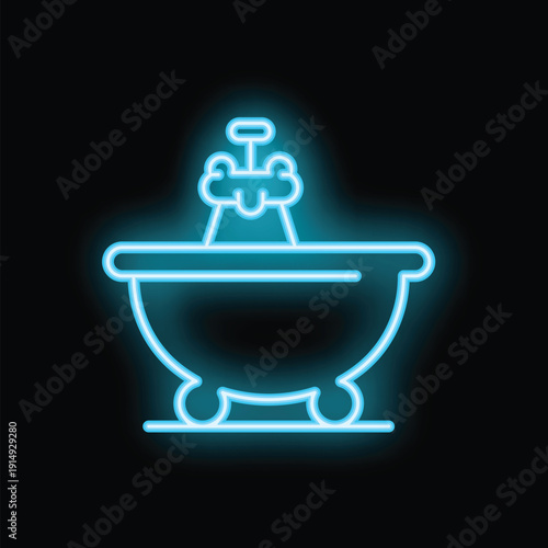 Blue neon glowing symbol of a bathtub with the shower faucet running, isolated vector illustration