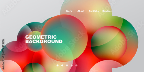 Abstract colorful shapes overlap, creating dynamic visual effect. Text elements present top, bottom portions image.