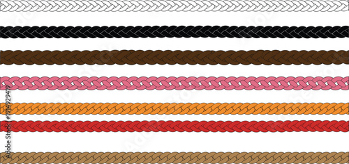 Set of colorful seamless braided rope borders in white black brown pink orange red for design dividers and frames