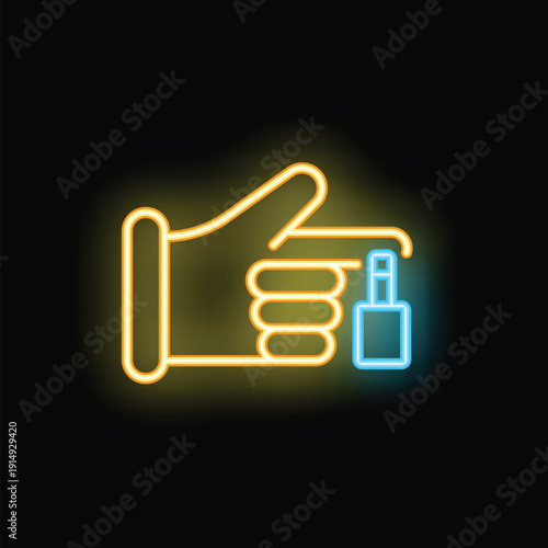 Neon icon of a hand holding a usb flash drive, representing data storage and transfer