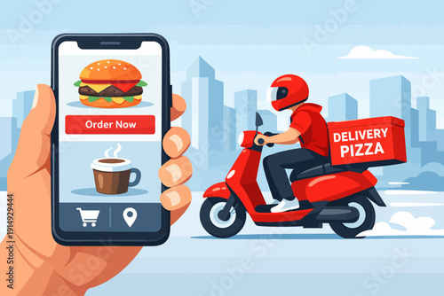 Online Food Ordering App and Fast Delivery Service. Hand holding smartphone with digital menu; courier rides scooter carrying food box in the city.