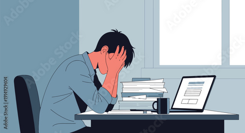 Modern flat vector illustration of exhausted office worker overwhelmed by paperwork and laptop deadlines, representing burnout, chronic stress, work pressure, and mental health awareness in corporate 