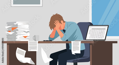Modern flat vector illustration of exhausted office worker overwhelmed by paperwork and laptop deadlines, representing burnout, chronic stress, work pressure, and mental health awareness in corporate 