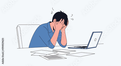 Modern flat vector illustration of exhausted office worker overwhelmed by paperwork and laptop deadlines, representing burnout, chronic stress, work pressure, and mental health awareness in corporate 