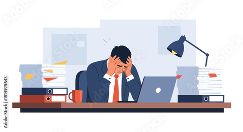 Modern flat vector illustration of exhausted office worker overwhelmed by paperwork and laptop deadlines, representing burnout, chronic stress, work pressure, and mental health awareness in corporate 