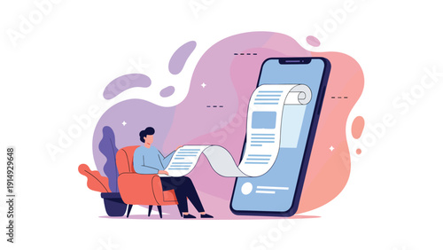 Man sitting in a chair reading a long digital document or news feed coming out of large smartphone screen.