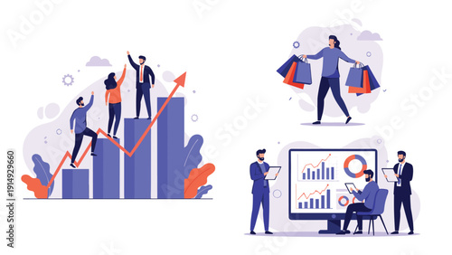 Business growth and consumer behavior concepts featuring team achievement retail success and detailed data analytics.