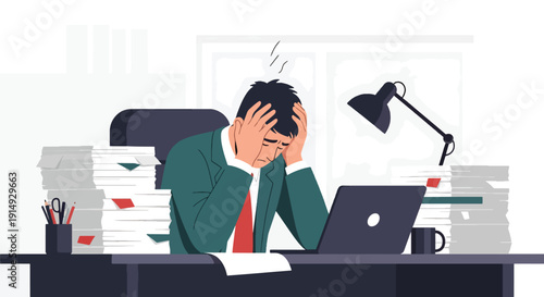 Modern flat vector illustration of exhausted office worker overwhelmed by paperwork and laptop deadlines, representing burnout, chronic stress, work pressure, and mental health awareness in corporate 