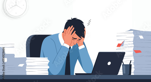 Modern flat vector illustration of exhausted office worker overwhelmed by paperwork and laptop deadlines, representing burnout, chronic stress, work pressure, and mental health awareness in corporate 