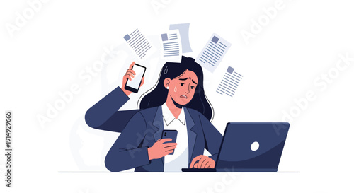 Modern flat vector illustration of overwhelmed woman multitasking with phone, laptop, and tasks floating around, representing stress overload, anxiety, and modern work life pressure concept