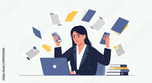 Modern flat vector illustration of overwhelmed woman multitasking with phone, laptop, and tasks floating around, representing stress overload, anxiety, and modern work life pressure concept