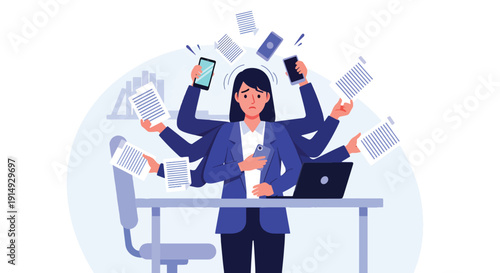 Modern flat vector illustration of overwhelmed woman multitasking with phone, laptop, and tasks floating around, representing stress overload, anxiety, and modern work life pressure concept