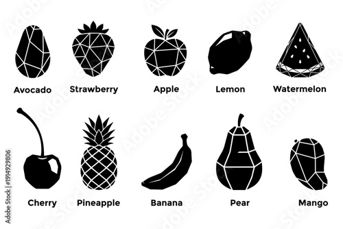 Popular fruit collection set with geometric black silhouette style for modern food logo.