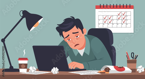 Modern flat vector illustration of tired freelancer working at messy desk with coffee and laptop, representing remote work burnout, exhaustion, and stress lifestyle
