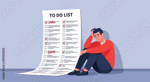 Modern flat vector illustration of stressed employee sitting on floor with giant to-do list, representing workload pressure, anxiety, burnout, and corporate mental health awareness