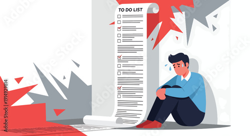 Modern flat vector illustration of stressed employee sitting on floor with giant to-do list, representing workload pressure, anxiety, burnout, and corporate mental health awareness
