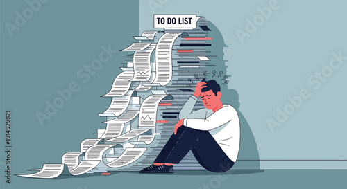 Modern flat vector illustration of stressed employee sitting on floor with giant to-do list, representing workload pressure, anxiety, burnout, and corporate mental health awareness