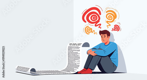 Modern flat vector illustration of stressed employee sitting on floor with giant to-do list, representing workload pressure, anxiety, burnout, and corporate mental health awareness