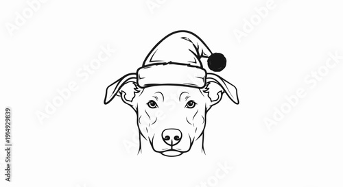 A black and white sketch of a dog's face wearing a Santa hat