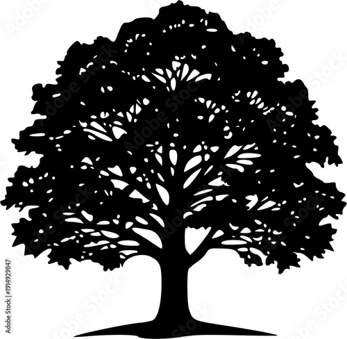 A majestic black silhouette of a large, solitary tree against a plain background