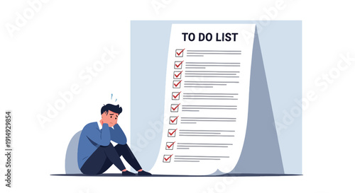 Modern flat vector illustration of stressed employee sitting on floor with giant to-do list, representing workload pressure, anxiety, burnout, and corporate mental health awareness