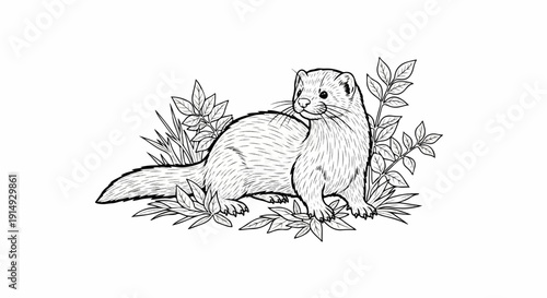 A black and white sketch of a ferret lying amongst foliage