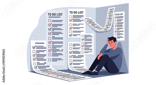 Modern flat vector illustration of stressed employee sitting on floor with giant to-do list, representing workload pressure, anxiety, burnout, and corporate mental health awareness