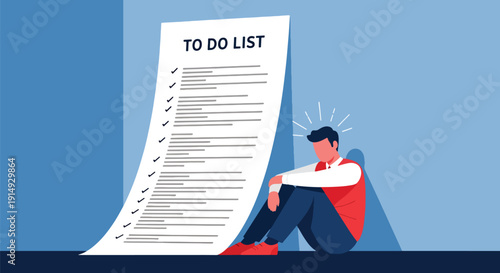 Modern flat vector illustration of stressed employee sitting on floor with giant to-do list, representing workload pressure, anxiety, burnout, and corporate mental health awareness