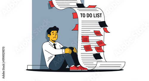 Modern flat vector illustration of stressed employee sitting on floor with giant to-do list, representing workload pressure, anxiety, burnout, and corporate mental health awareness