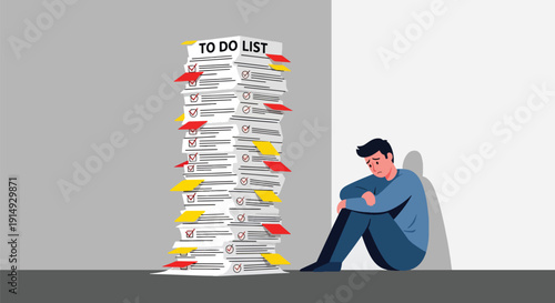 Modern flat vector illustration of stressed employee sitting on floor with giant to-do list, representing workload pressure, anxiety, burnout, and corporate mental health awareness