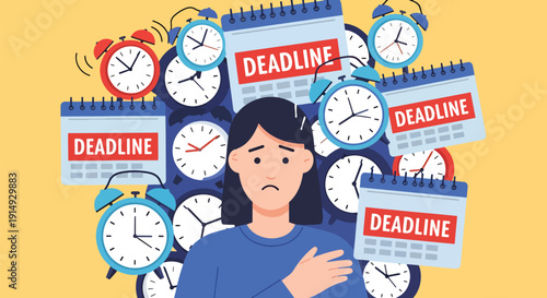 Modern flat vector illustration of person surrounded by clocks and deadlines, representing time pressure, stress, productivity anxiety, and work life imbalance concept