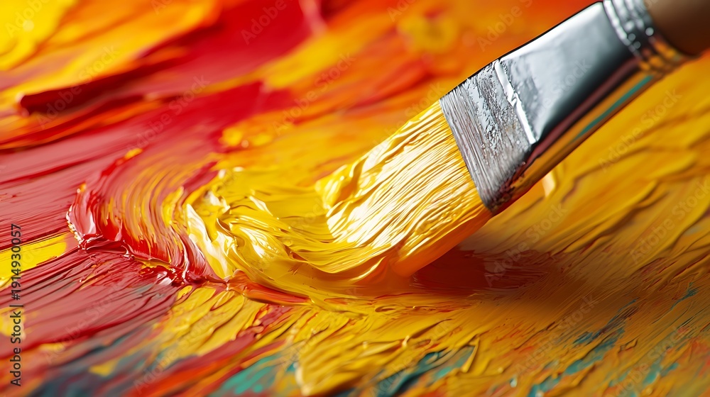 Fototapeta premium Brush applying vibrant yellow paint on a colorful canvas