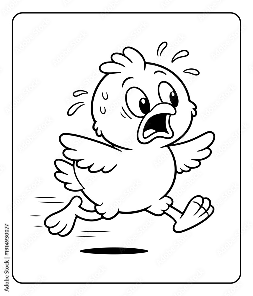 Fototapeta premium Scared Cartoon Chick Running Fast with Sweat Droplets, Black and White Line Art