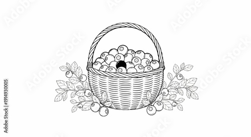 A black and white line drawing of a woven basket overflowing with blueberries