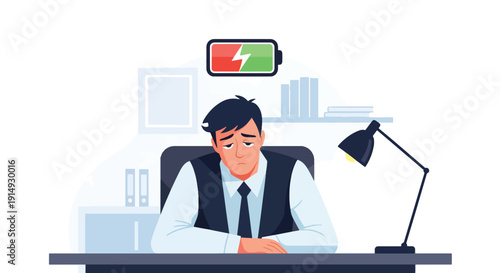 Modern flat vector illustration of employee with low battery icon above head, representing burnout, exhaustion, low energy, and mental health fatigue in workplace
