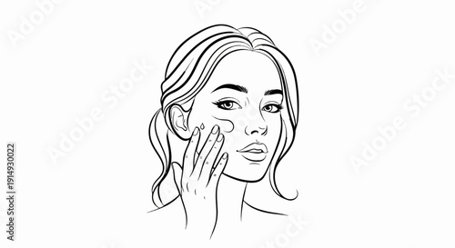 A black and white line drawing of a woman applying a serum to her face